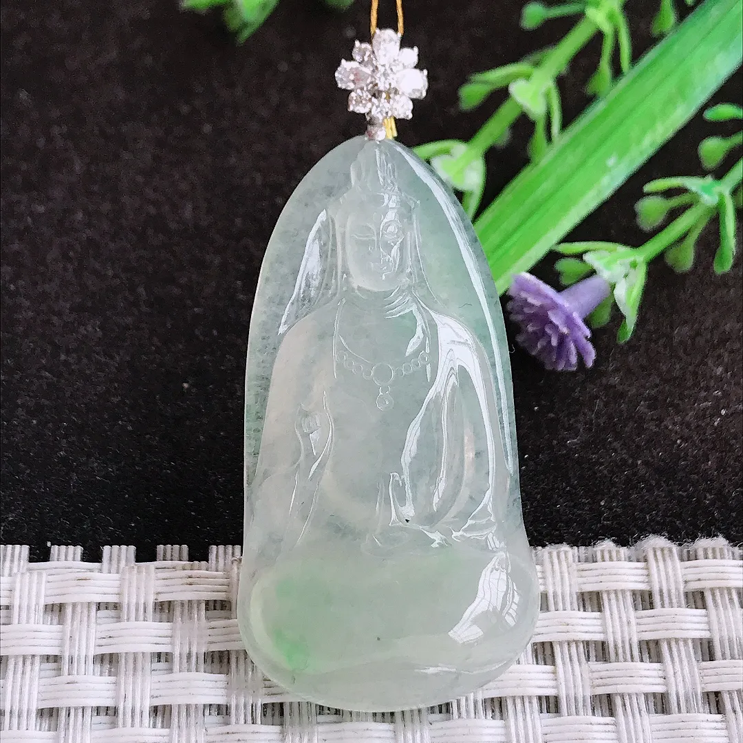自然光43/22.7/5.5老坑18k金镶嵌冰胶水灵素衣观音吊坠翡翠玉坠挂件百搭