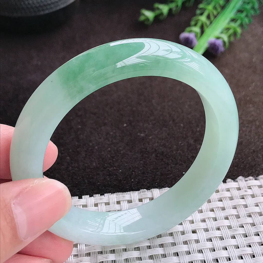 自然光54.5/12.1/9老坑冰胶水灵冰飘花手镯宽边翡翠玉镯美人镯