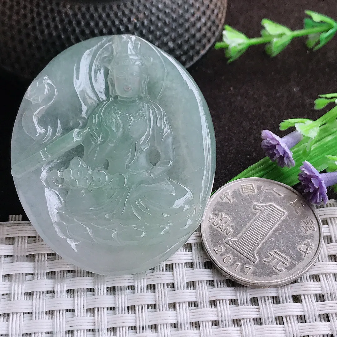 自然光48.6/42/5.3老坑冰胶水灵赐福观音吊坠翡翠玉坠挂件百搭
