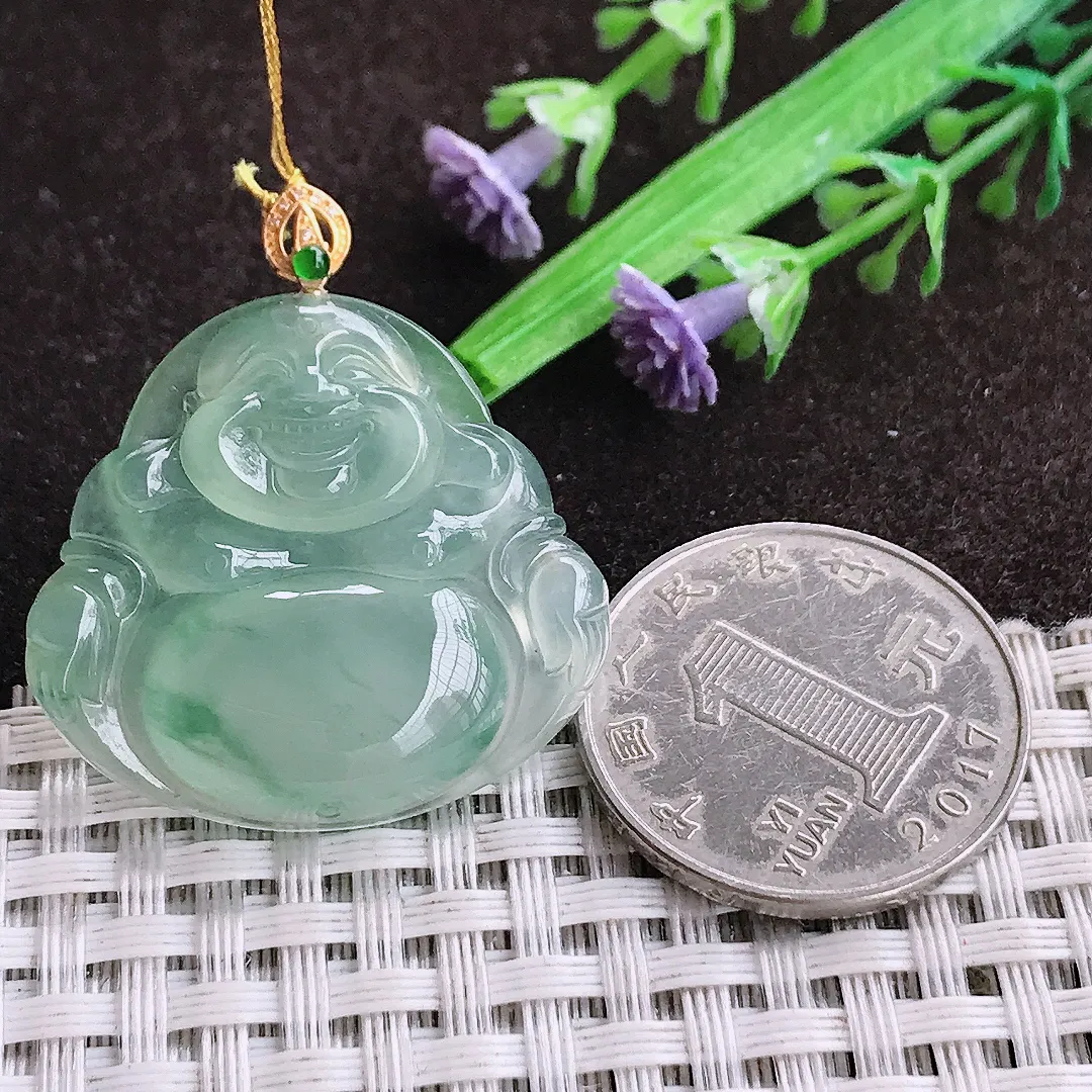 自然光29.3/31.2/5.6老坑18k金镶嵌冰种飘花佛公吊坠翡翠玉坠挂件百搭
