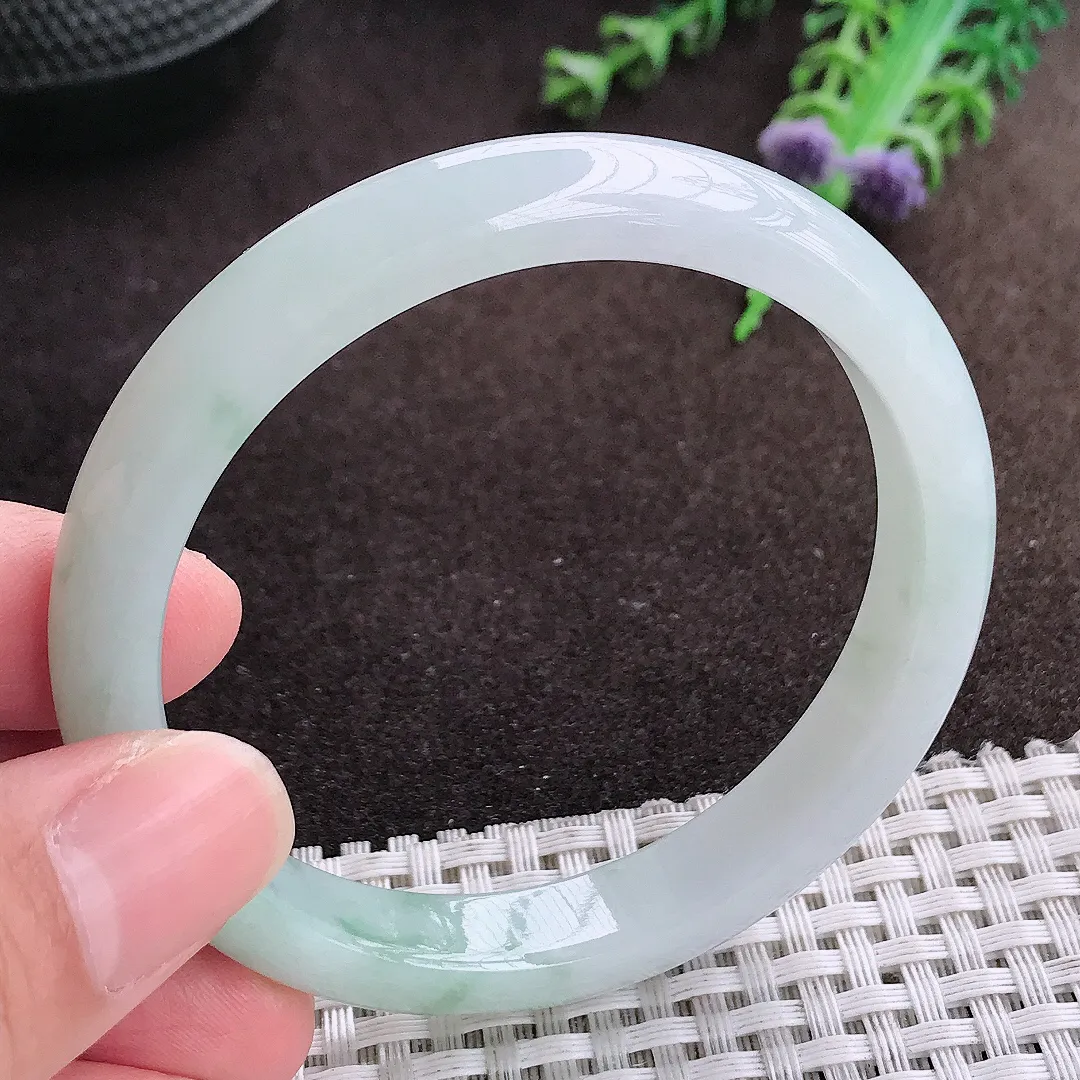 自然光55.5/10/7老坑冰胶水灵飘花手镯宽边翡翠玉镯美人镯