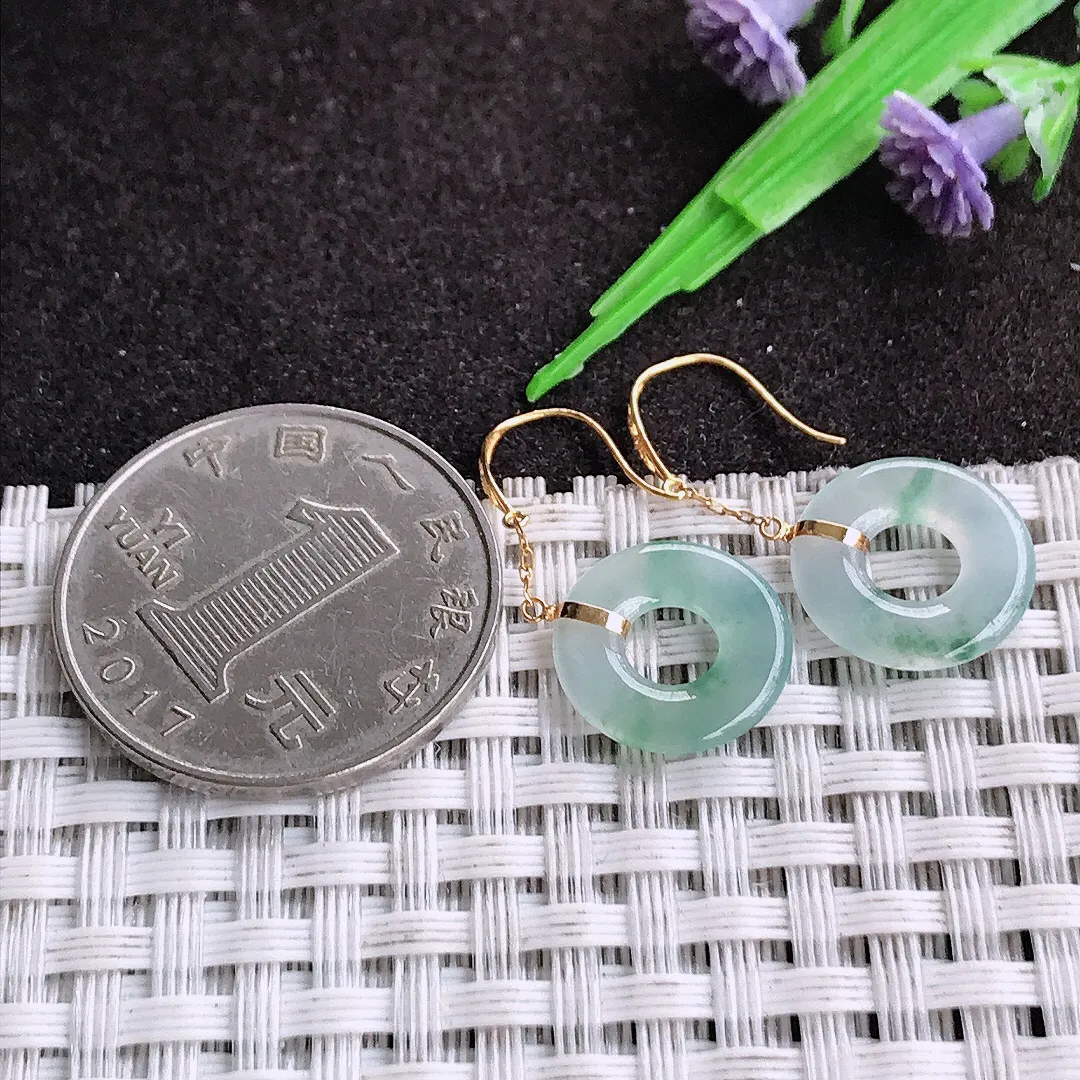 自然光13.5/2.2老坑18k金镶嵌冰种飘花平安环耳坠翡翠玉环