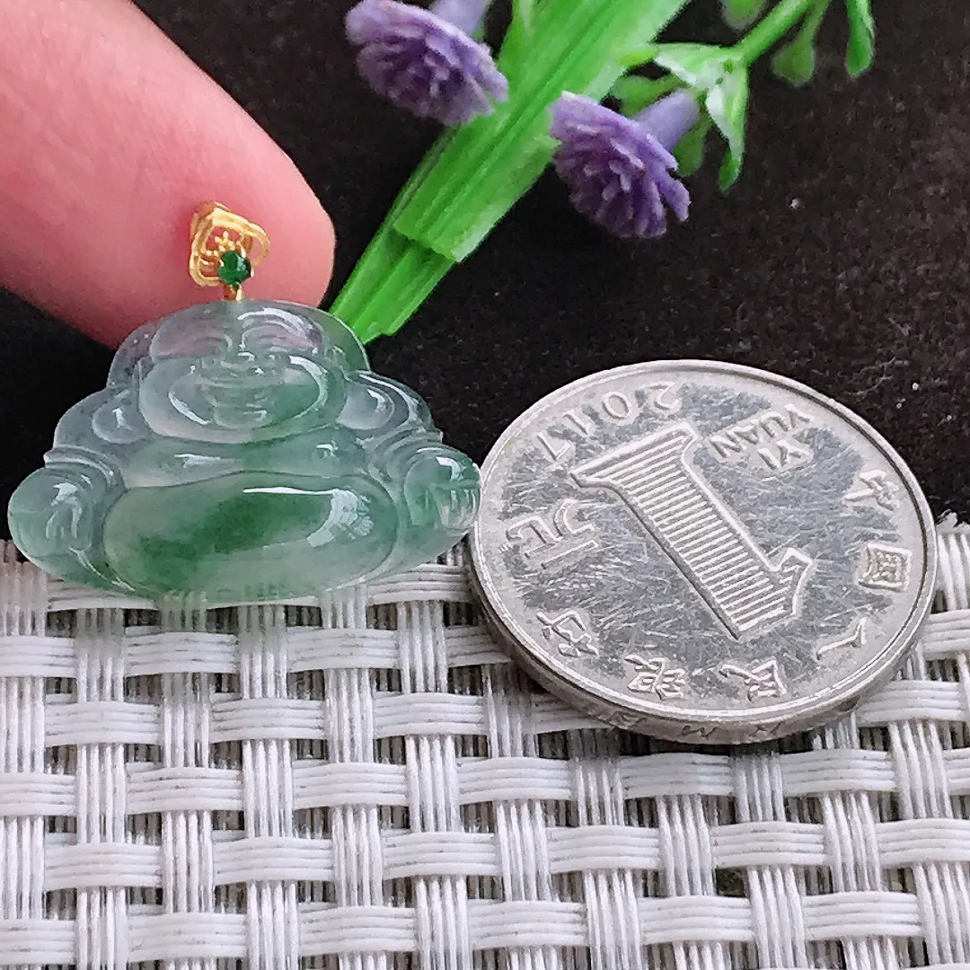 自然光15.8/24.5/4.7老坑18k金镶嵌冰种飘花小佛公吊坠翡翠玉坠挂件百搭