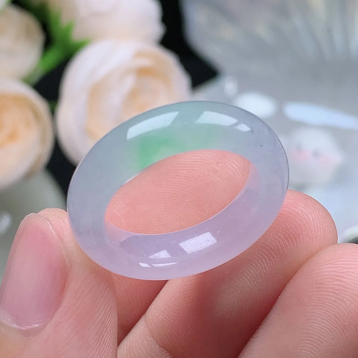 缅甸翡翠老坑冰种翡翠水润起胶紫罗兰飘绿春彩戒指玉指环  水润通透 尺寸：17.3-5.2-4.1mm