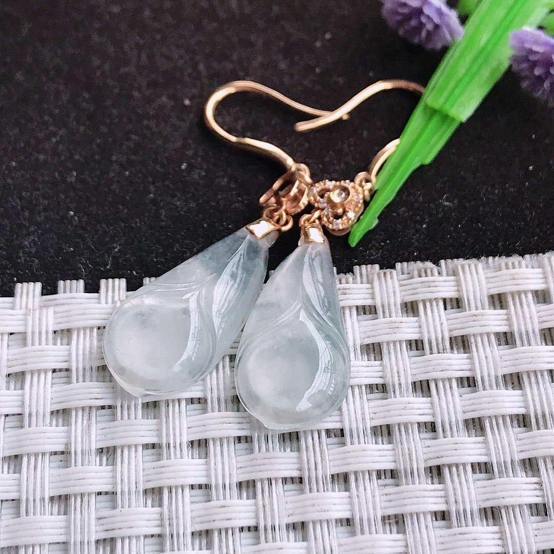 自然光21/10.5/3.8老坑18k金镶嵌冰种玉兰花耳坠