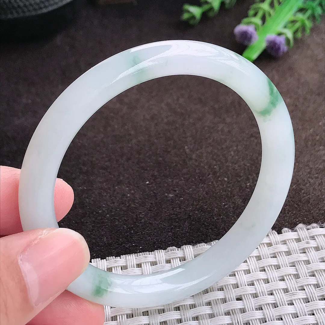 自然光55/8.5/7.6老坑冰胶水灵飘花圆条手镯翡翠玉镯美人镯