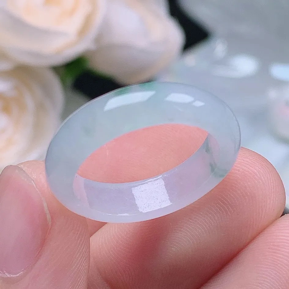缅甸翡翠老坑种翡翠水润起胶飘花戒指玉指环  水润通透 尺寸：17.8-5.4-3.1mm 16号圈口1S