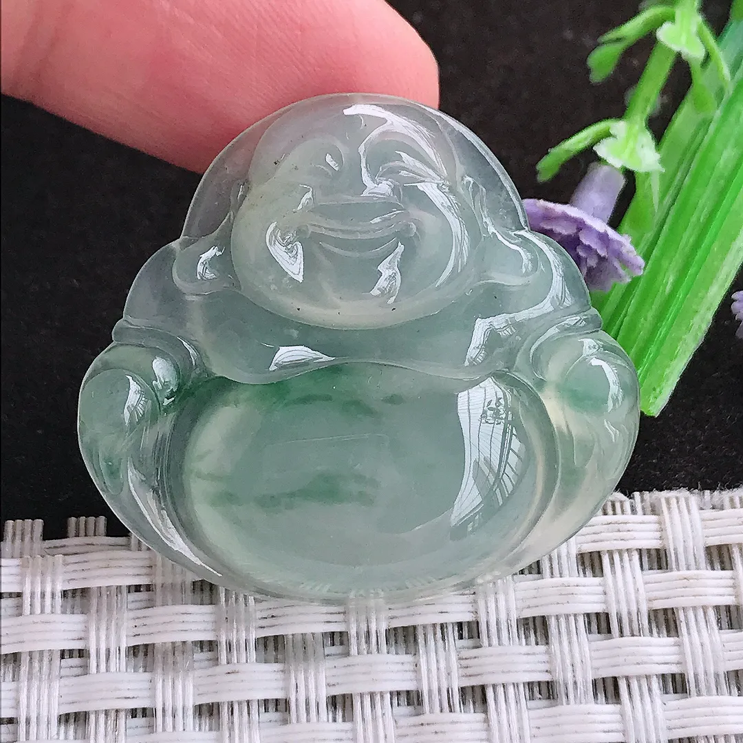 自然光32.3/35.2/5.9老坑冰种果冻胶冰飘花佛公吊坠翡翠玉佛挂件百搭