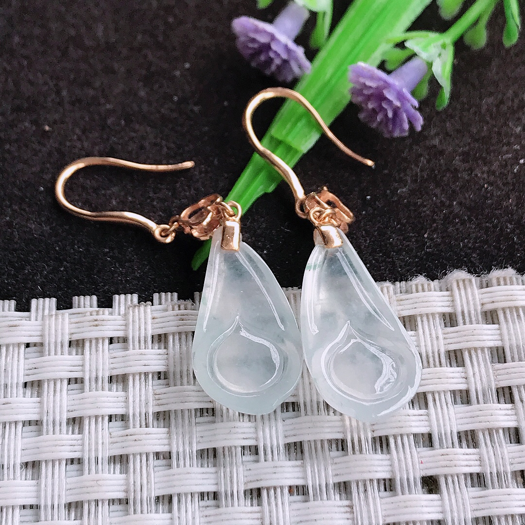 自然光21/10.5/3.8老坑18k金镶嵌冰种玉兰花耳坠