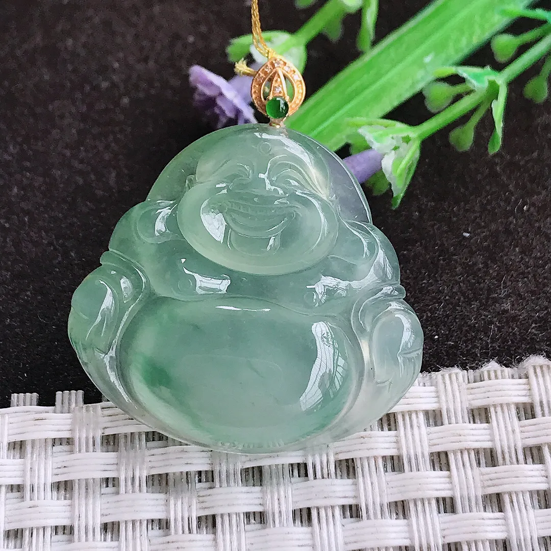 自然光29.3/31.2/5.6老坑18k金镶嵌冰种飘花佛公吊坠翡翠玉坠挂件百搭