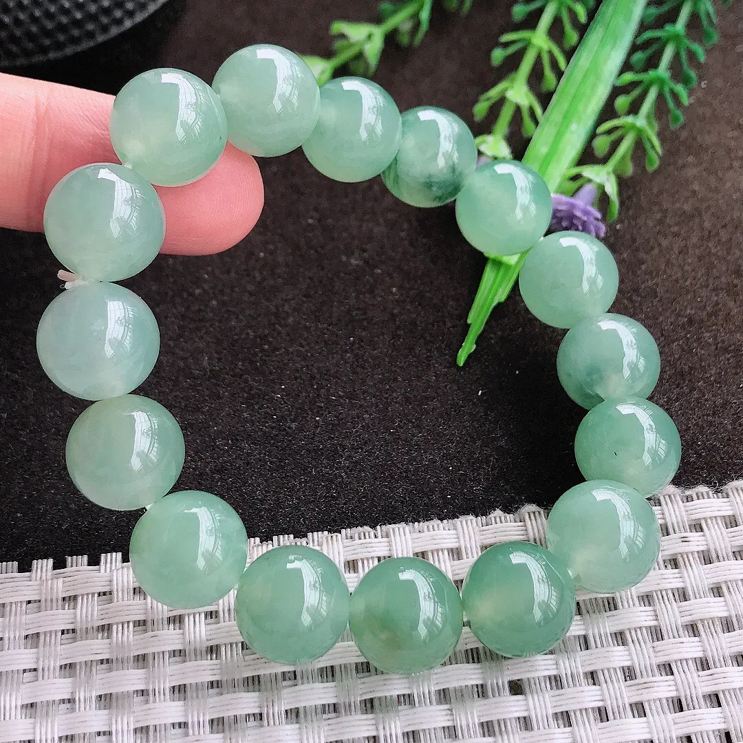 自然光12.6/16颗老坑冰胶果冻冰晴飘花圆珠手链翡翠玉手串