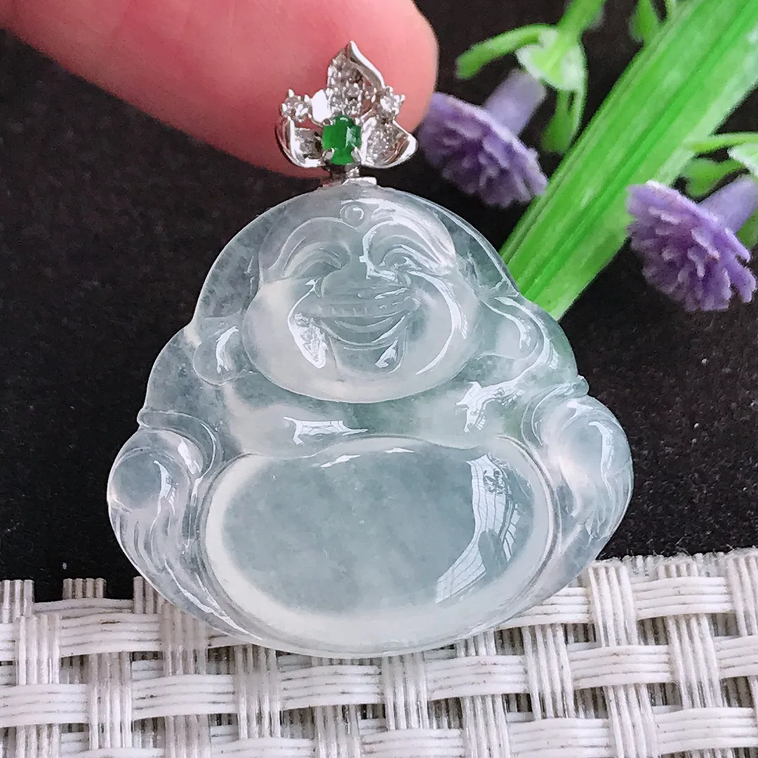 自然光26.8/30/5.7老坑18k金镶嵌冰种佛公吊坠翡翠白冰玉佛挂件百搭