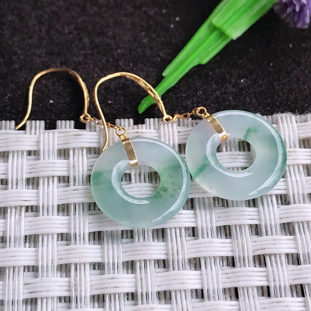 自然光13.5/2.2老坑18k金镶嵌冰种飘花平安环耳坠翡翠玉环