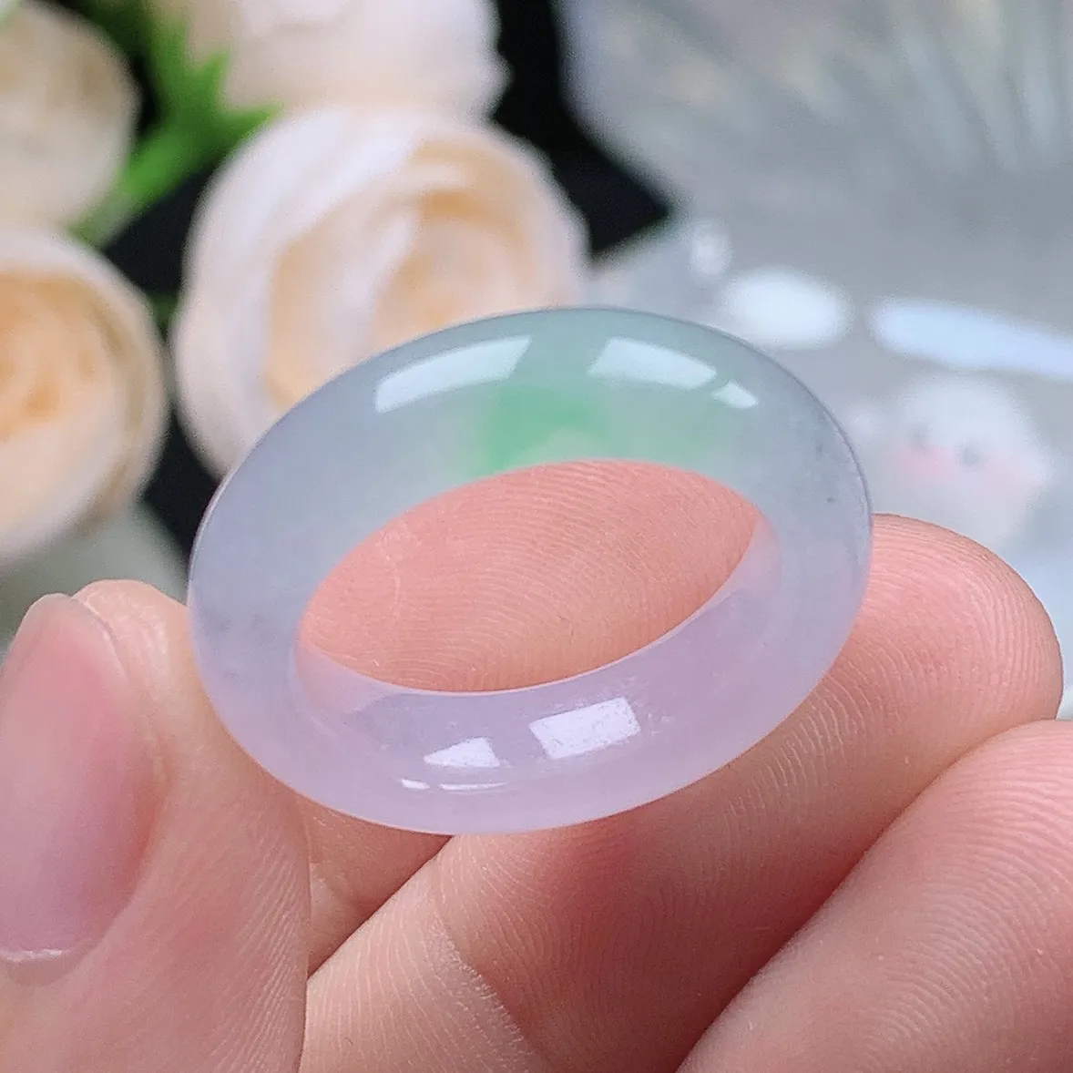 缅甸翡翠老坑冰种翡翠水润起胶紫罗兰飘绿春彩戒指玉指环  水润通透 尺寸：17.3-5.2-4.1mm 15号圈口1S