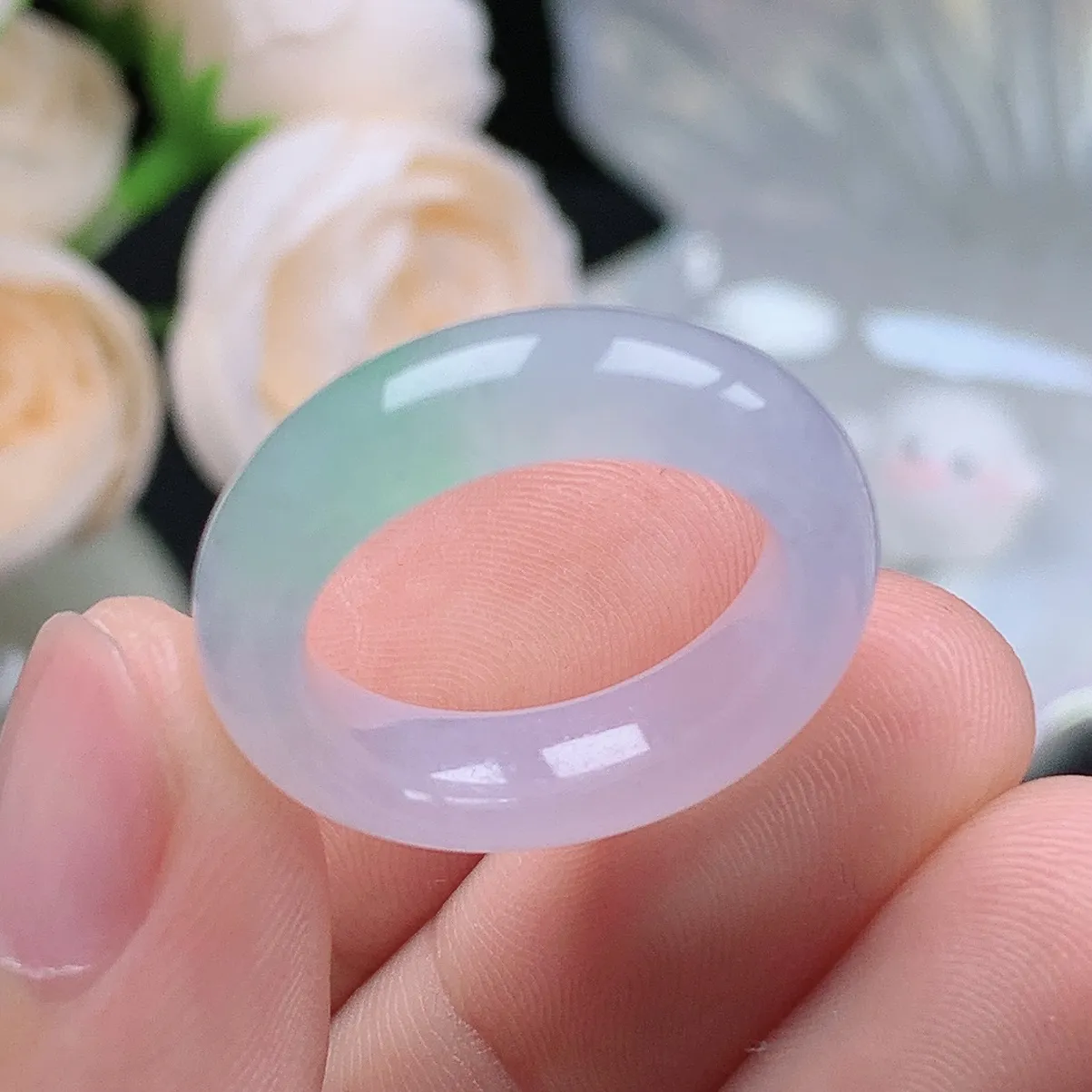 缅甸翡翠老坑冰种翡翠水润起胶紫罗兰飘绿春彩戒指玉指环  水润通透 尺寸：17.3-5.2-4.1mm 15号圈口1S