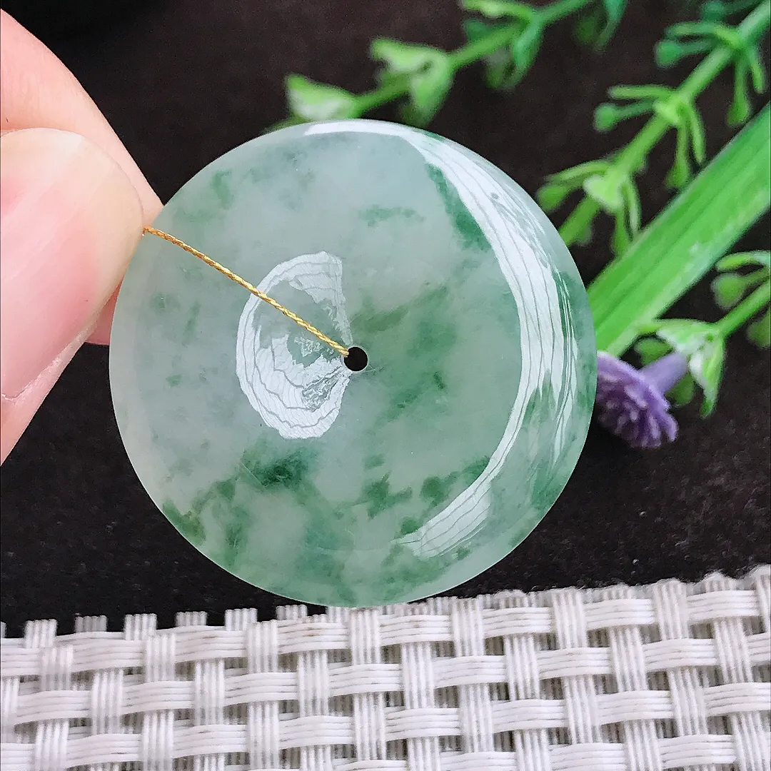 自然光33.8/5.4老坑冰胶果冻冰飘花平安扣吊坠翡翠玉坠挂件百搭