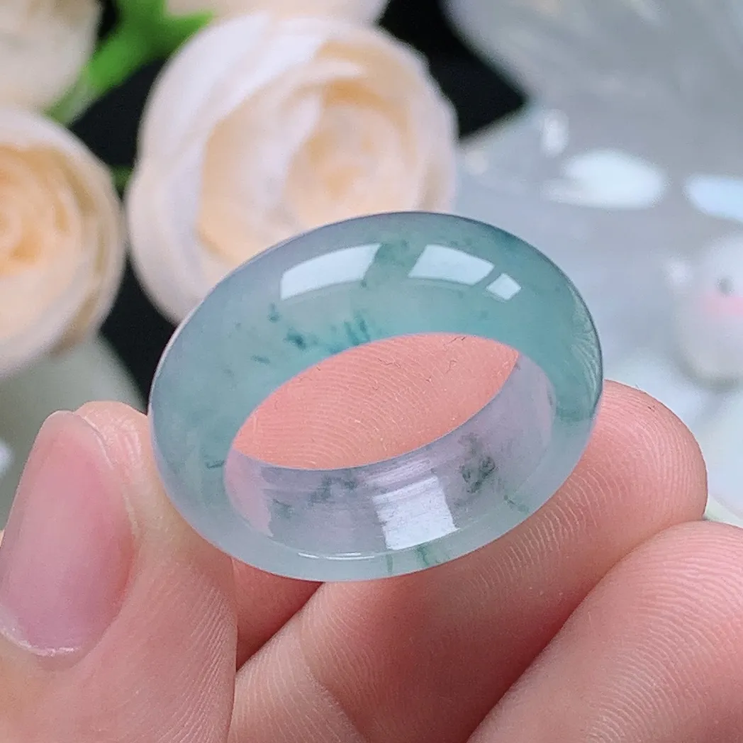 缅甸翡翠老坑冰种翡翠水润起胶宽边飘花戒指玉指环  水润通透 尺寸：18-7.8-3.6mm 17-18号圈口1S