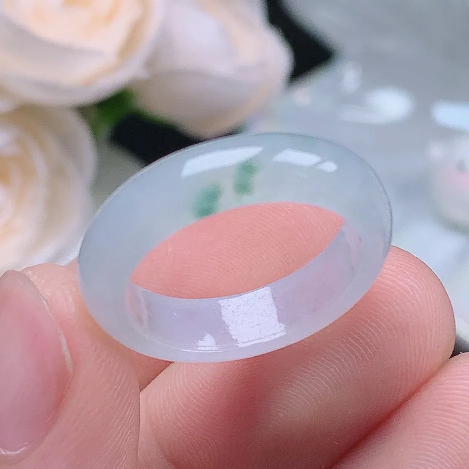 缅甸翡翠老坑种翡翠水润起胶飘花戒指玉指环  水润通透 尺寸：17.8-5.4-3.1mm 16号圈口1S
