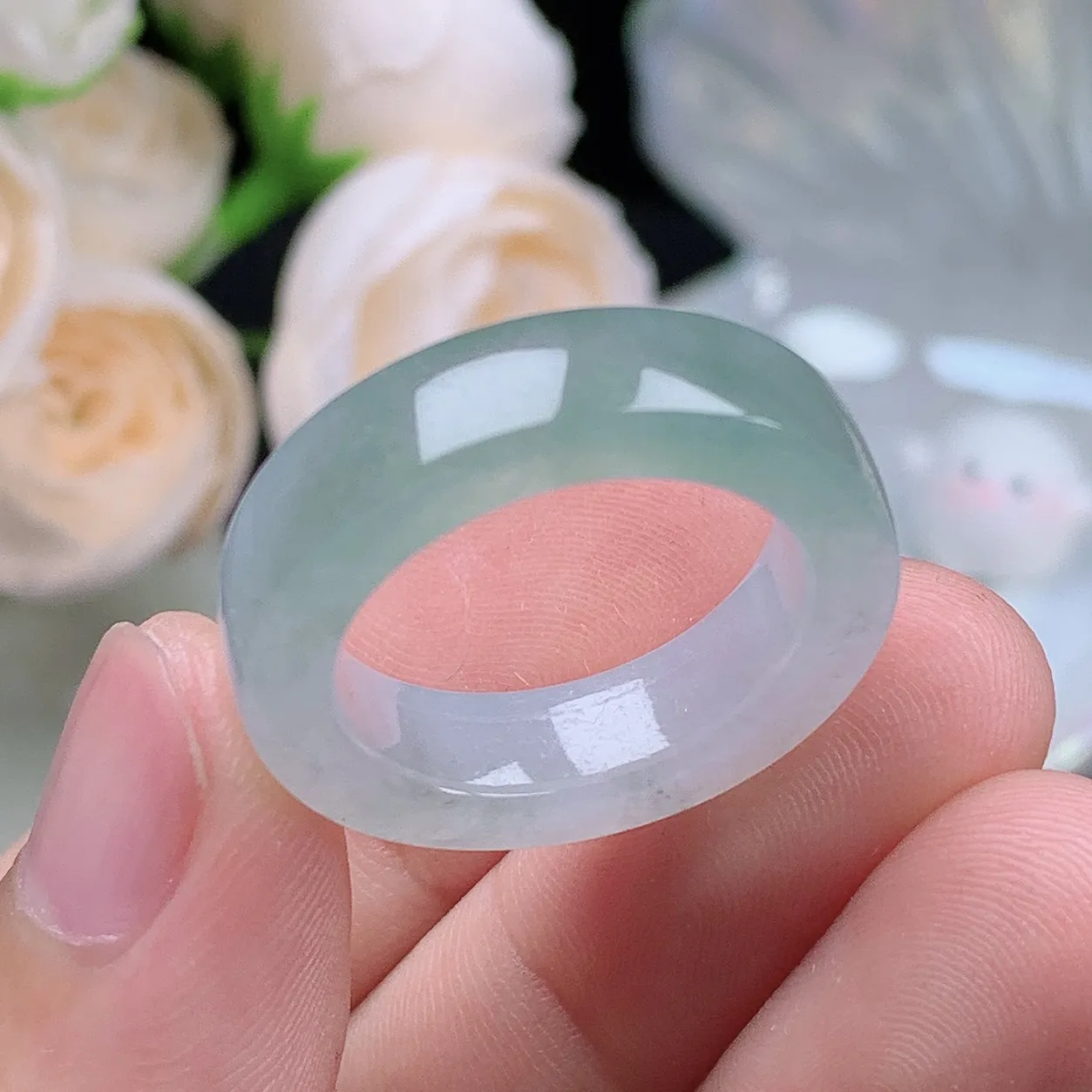 缅甸翡翠老坑种翡翠水润起胶半山水方戒指玉指环  水润通透 尺寸：19.2-6.5-4.3mm 21-22号圈口1S