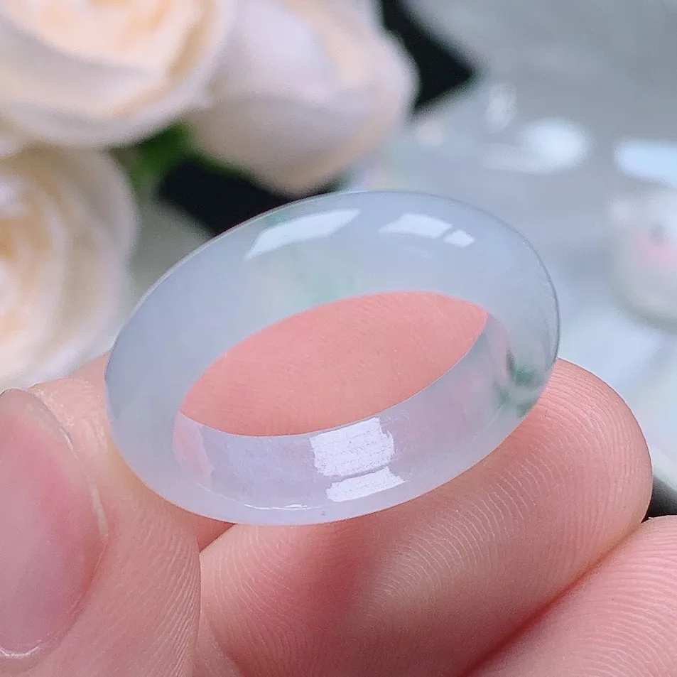 缅甸翡翠老坑种翡翠水润起胶飘花戒指玉指环  水润通透 尺寸：17.8-5.4-3.1mm 16号圈口1S