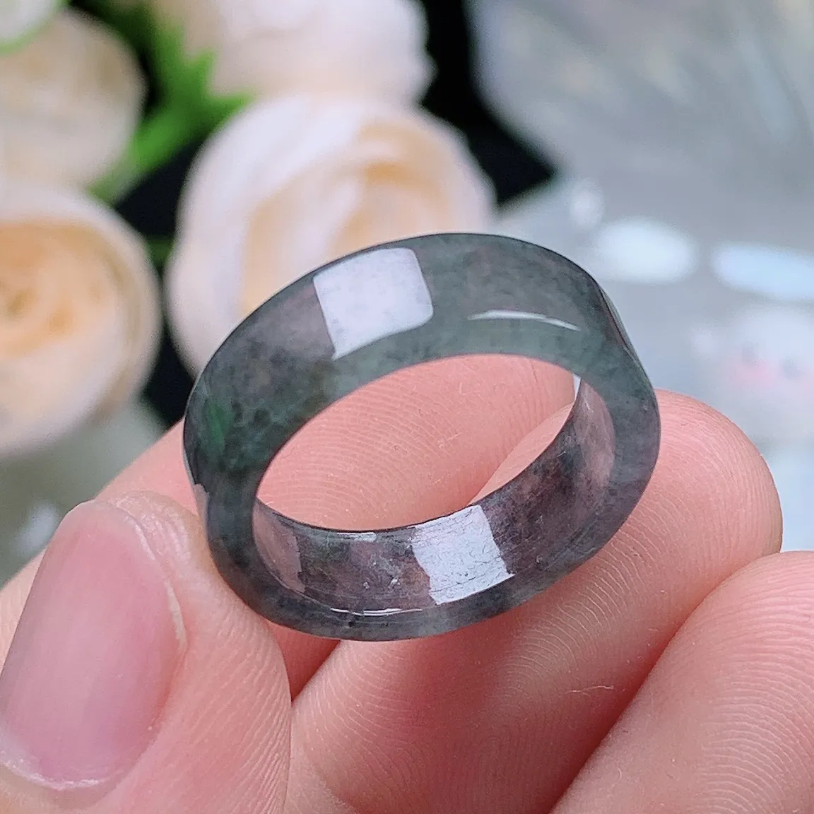 缅甸翡翠老坑冰种翡翠水润起胶飘绿乌鸡方戒戒指玉指环  水润通透 尺寸：17-6.1-2.3mm 14