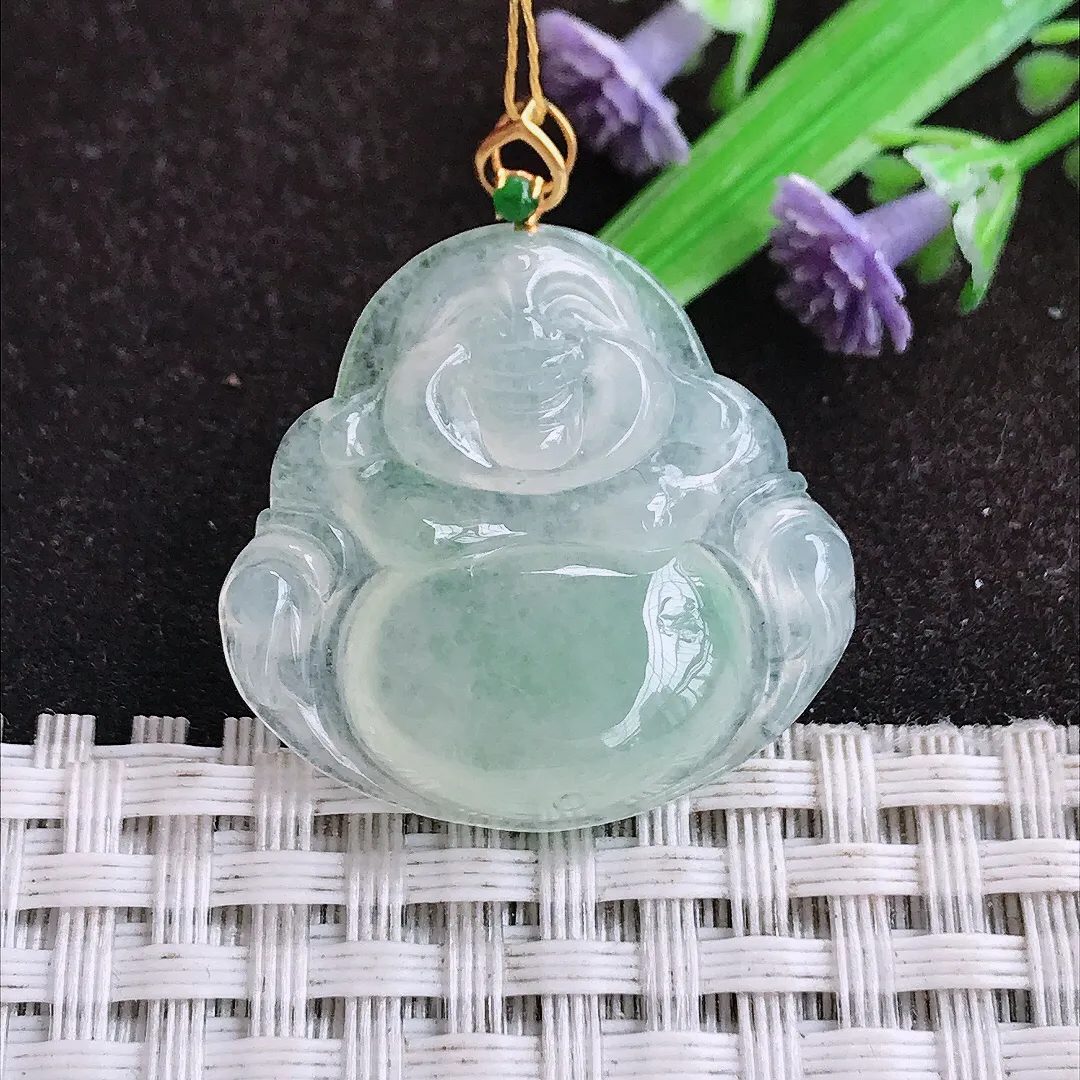 自然光26.5/27.9/6.1老坑18k金镶嵌冰胶佛公吊坠翡翠玉坠挂件百搭