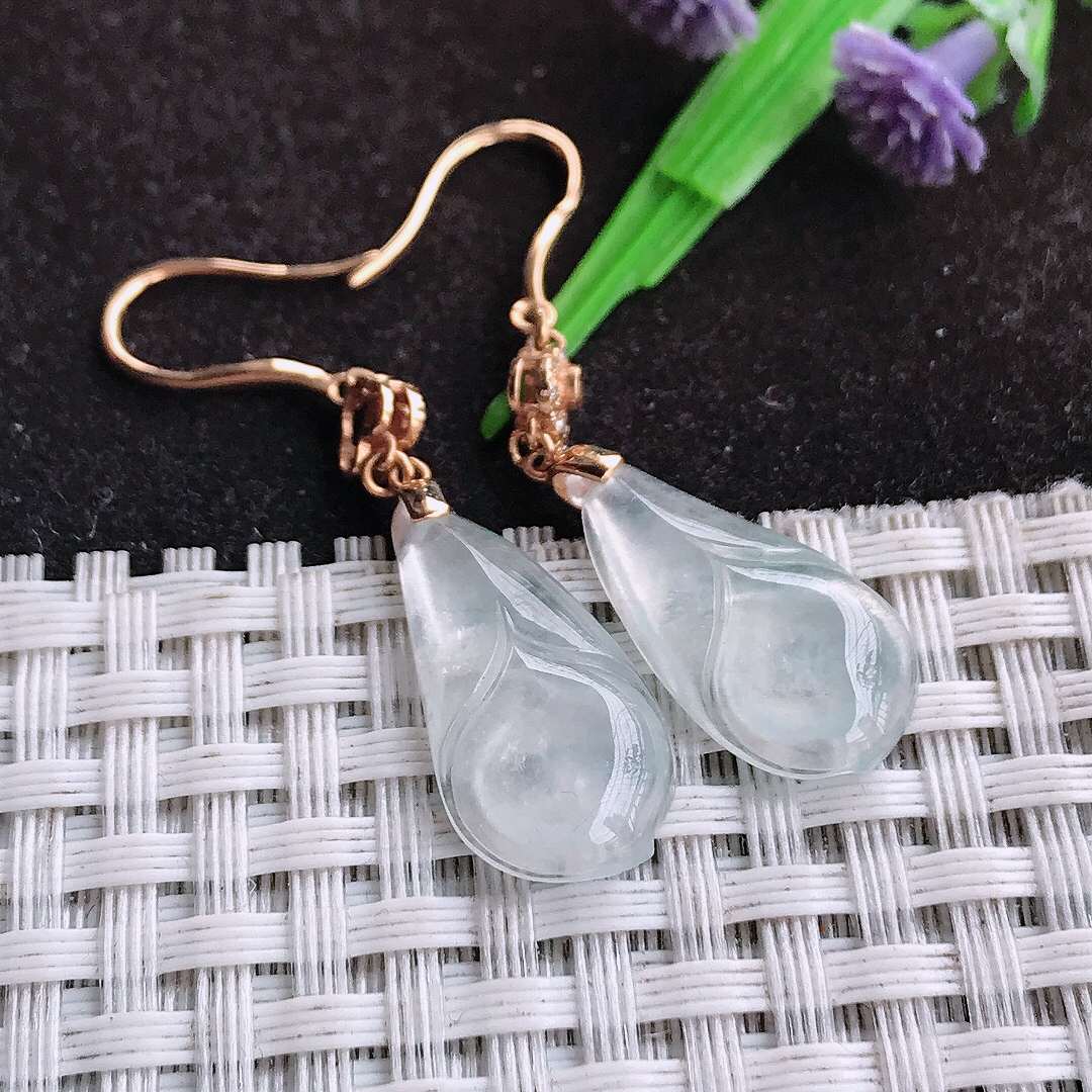 自然光21/10.5/3.8老坑18k金镶嵌冰种玉兰花耳坠