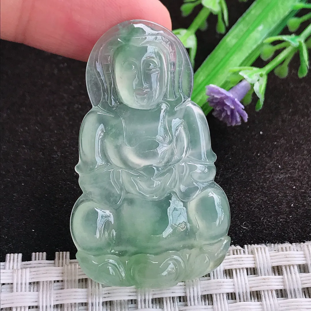 自然光44.7/27.2/4.4老坑冰种果冻胶冰晴小观音吊坠翡翠玉坠挂件百搭