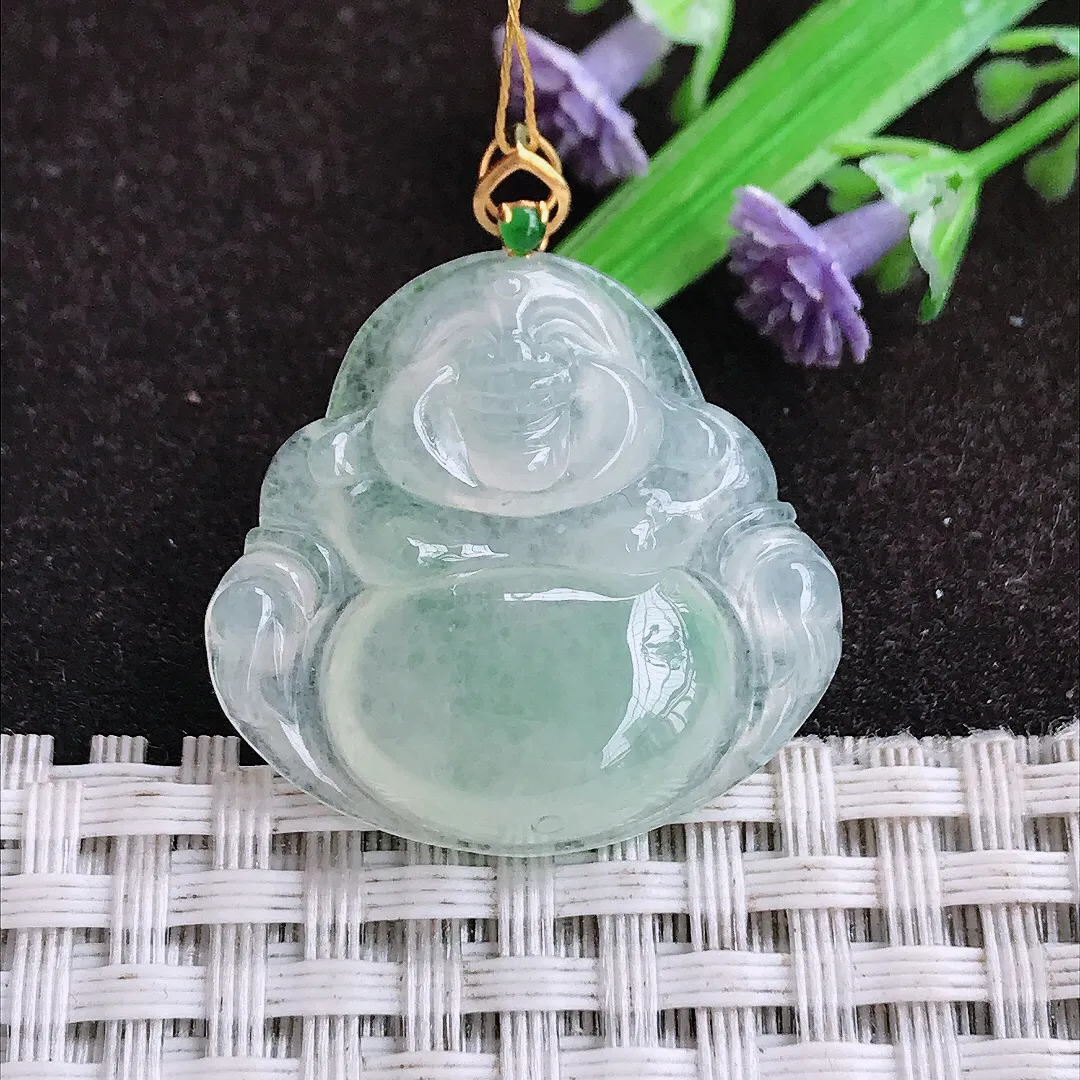 自然光26.5/27.9/6.1老坑18k金镶嵌冰胶佛公吊坠翡翠玉坠挂件百搭