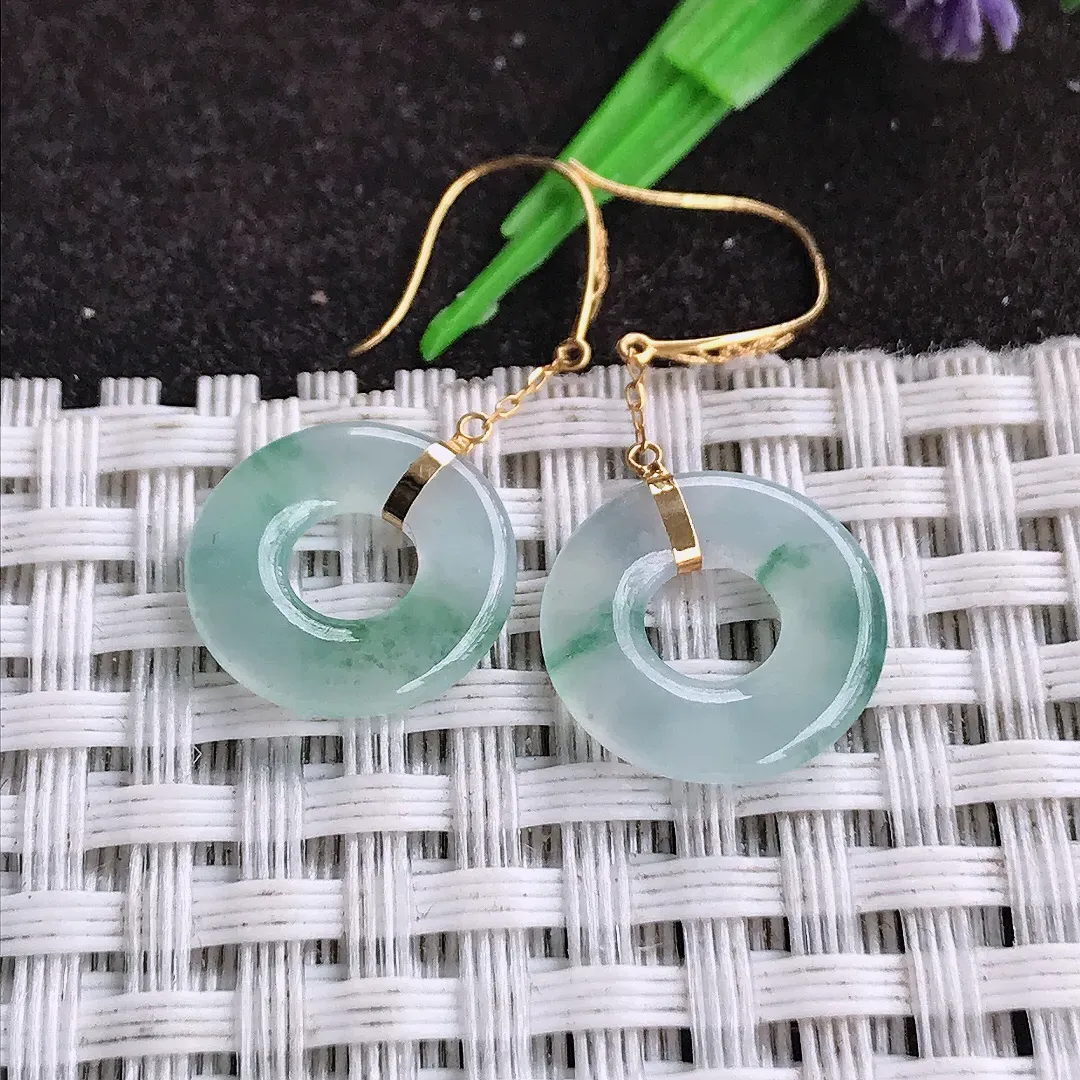 自然光13.5/2.2老坑18k金镶嵌冰种飘花平安环耳坠翡翠玉环