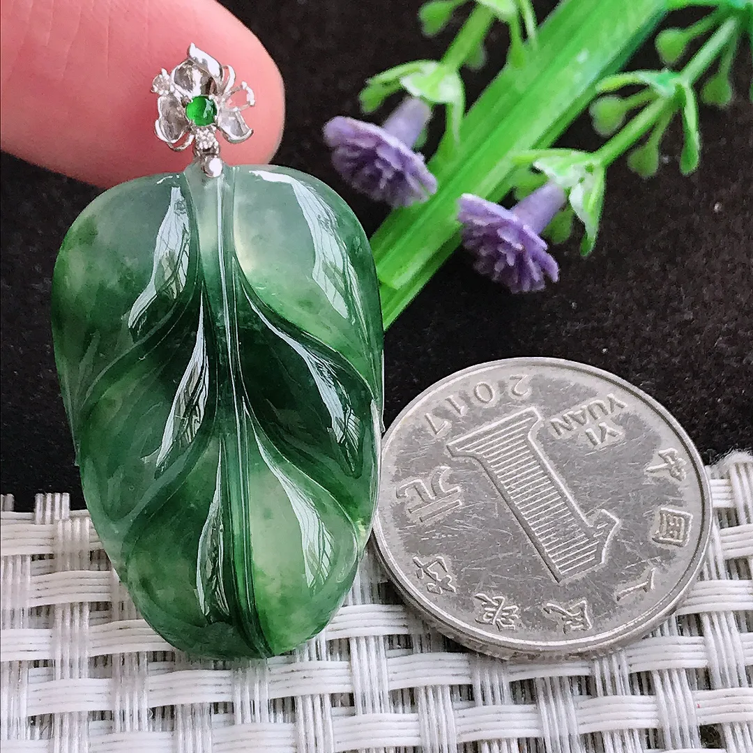 自然光34/22.7/5.1老坑18k金镶嵌冰胶飘花叶子吊坠翡翠玉坠挂件百搭