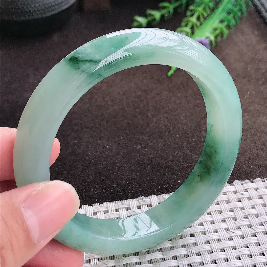 自然光58/12.5/9老坑冰胶果冻飘花手镯宽边翡翠玉镯美人镯