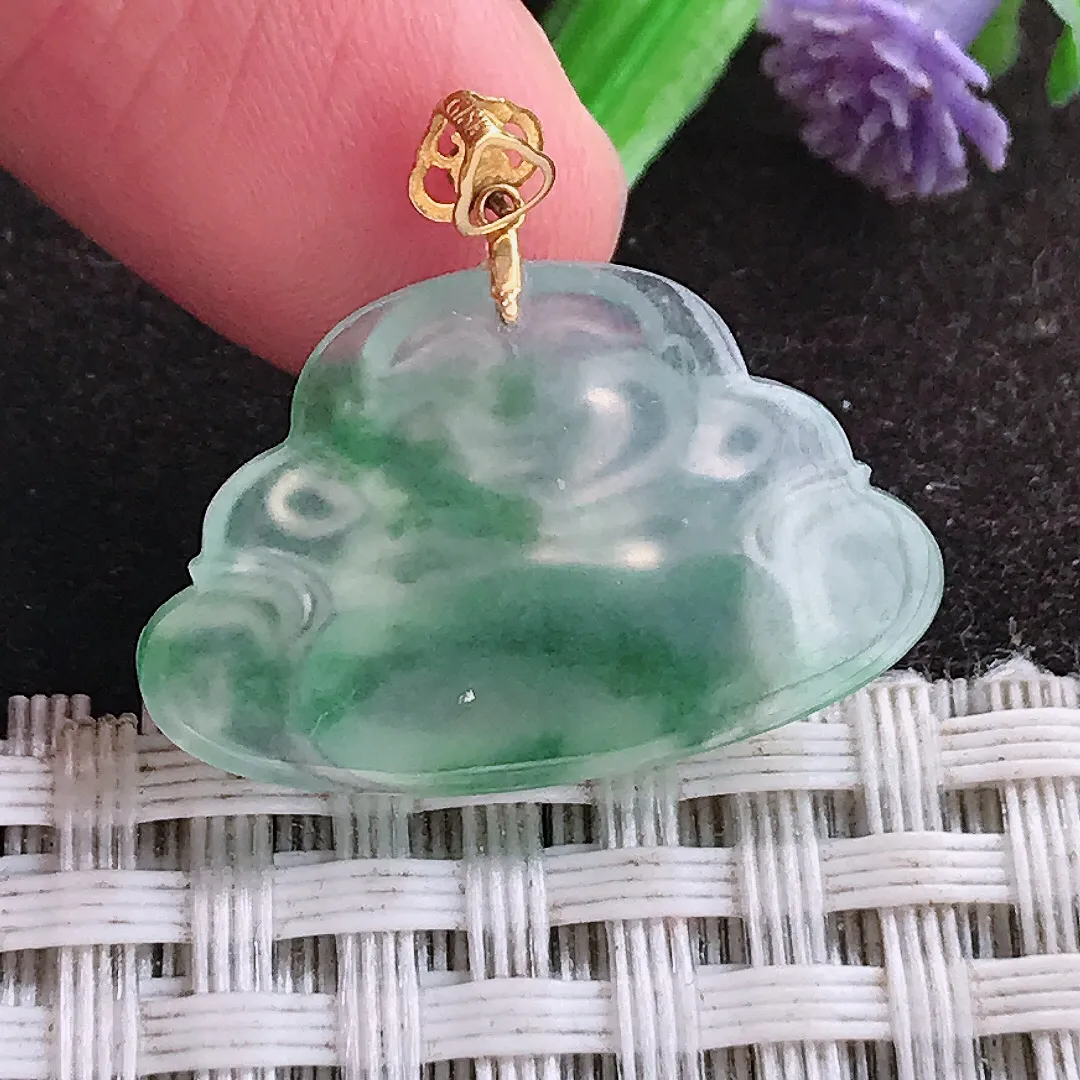 自然光15.8/24.5/4.7老坑18k金镶嵌冰种飘花小佛公吊坠翡翠玉坠挂件百搭