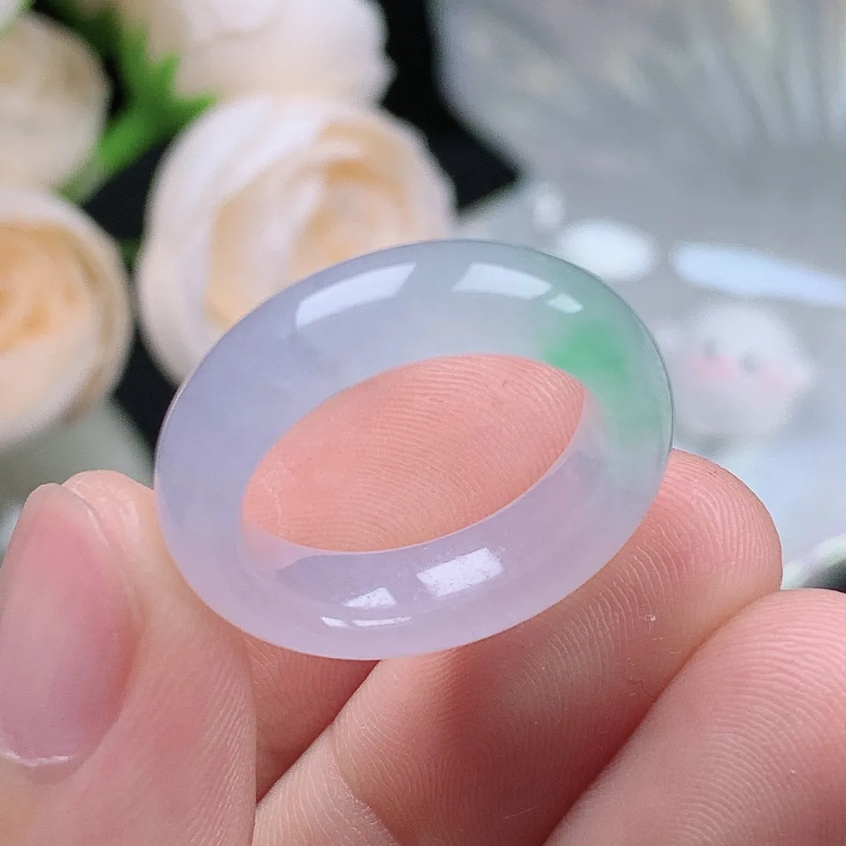 缅甸翡翠老坑冰种翡翠水润起胶紫罗兰飘绿春彩戒指玉指环  水润通透 尺寸：17.3-5.2-4.1mm 15号圈口1S