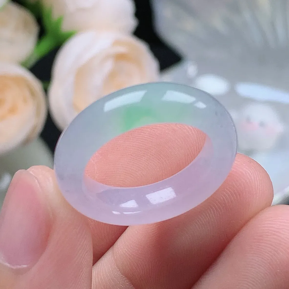 缅甸翡翠老坑冰种翡翠水润起胶紫罗兰飘绿春彩戒指玉指环  水润通透 尺寸：17.3-5.2-4.1mm 15号圈口1S