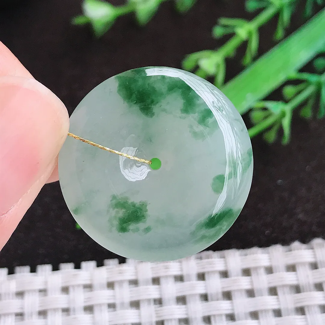 自然光33.8/5.4老坑冰胶水灵冰飘花平安扣吊坠翡翠玉扣挂件百搭