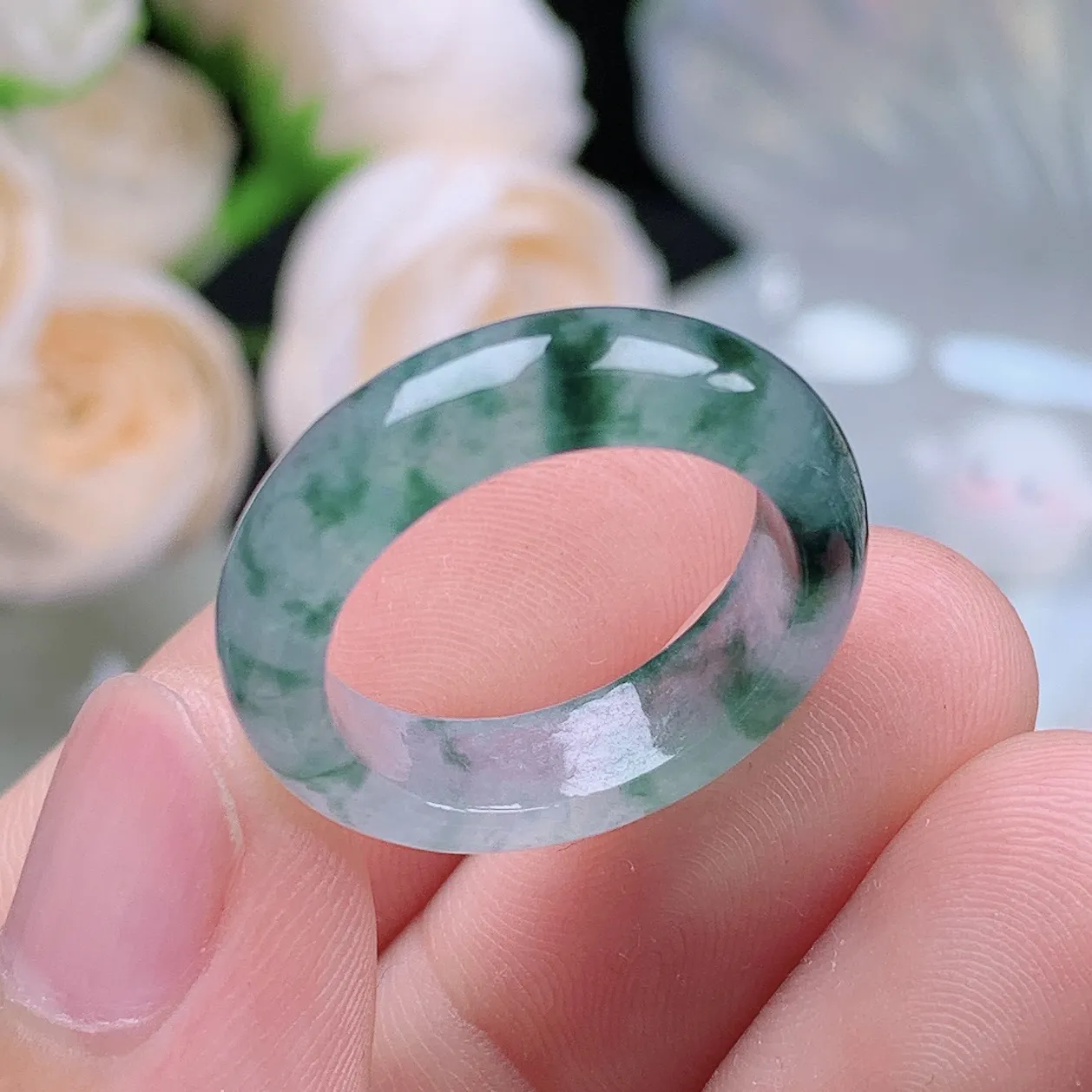 缅甸翡翠老坑冰种翡翠水润起胶飘花戒指玉指环  水润通透 尺寸：17.5-5.7-3.5mm 15-16号圈口1S