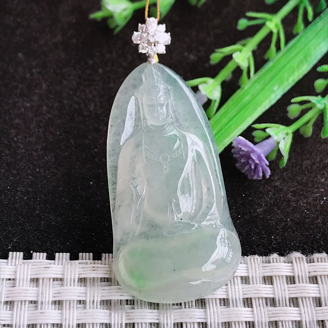 自然光43/22.7/5.5老坑18k金镶嵌冰胶水灵素衣观音吊坠翡翠玉坠挂件百搭