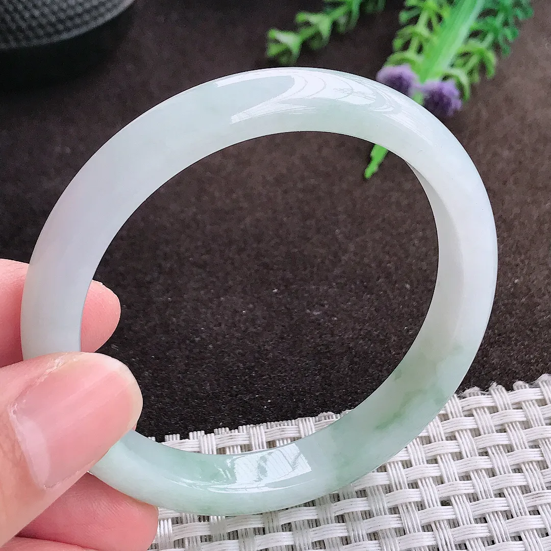 自然光55.5/10/7老坑冰胶水灵飘花手镯宽边翡翠玉镯美人镯