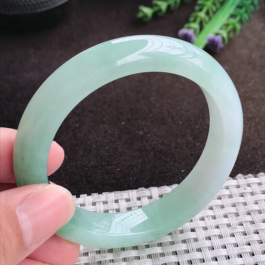 自然光54.5/12.1/9老坑冰胶水灵冰飘花手镯宽边翡翠玉镯美人镯