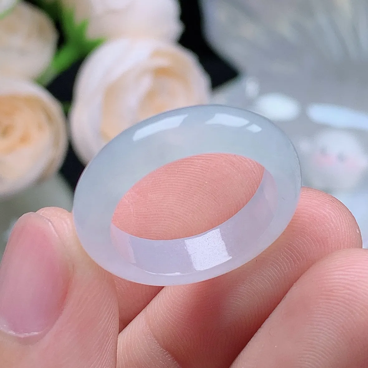 缅甸翡翠老坑种翡翠水润起胶白月光戒指玉指环  水润通透 尺寸：18.1-5.7-3.5mm 17号圈口1S