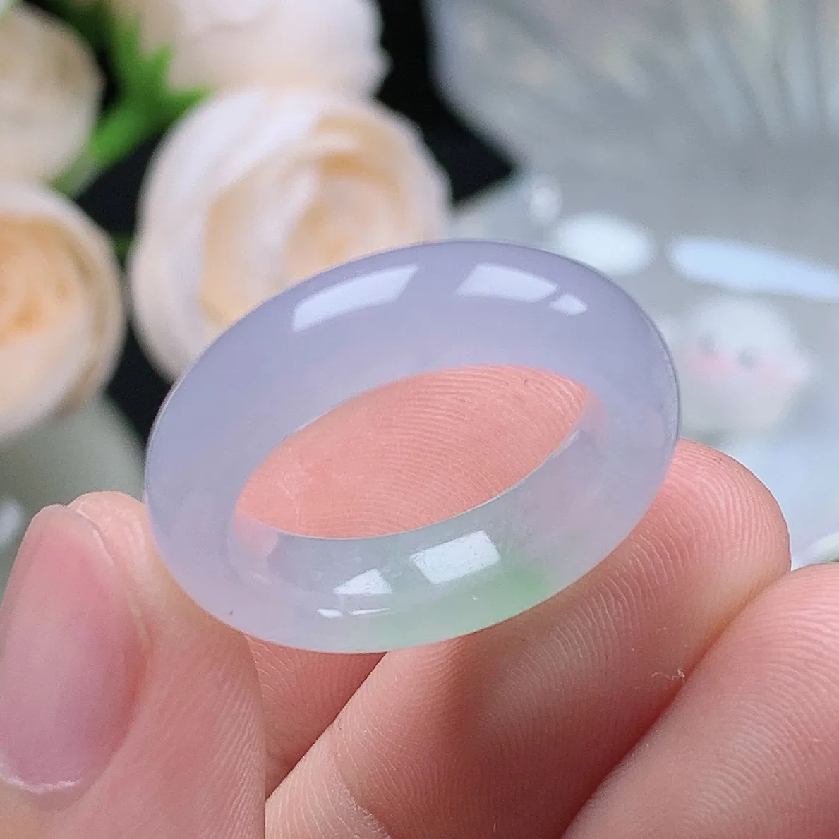 缅甸翡翠老坑冰种翡翠水润起胶紫罗兰飘绿春彩戒指玉指环  水润通透 尺寸：17.3-5.2-4.1mm 15号圈口1S