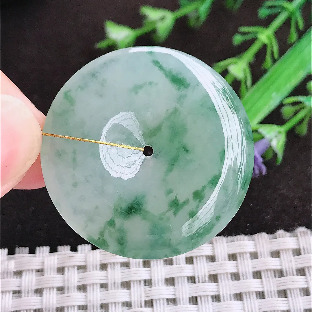 自然光33.8/5.4老坑冰胶果冻冰飘花平安扣吊坠翡翠玉坠挂件百搭
