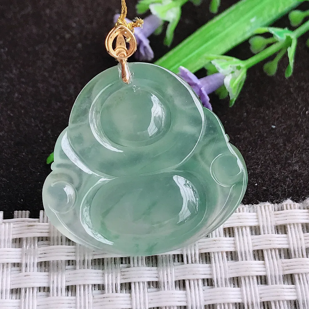 自然光29.3/31.2/5.6老坑18k金镶嵌冰种飘花佛公吊坠翡翠玉坠挂件百搭