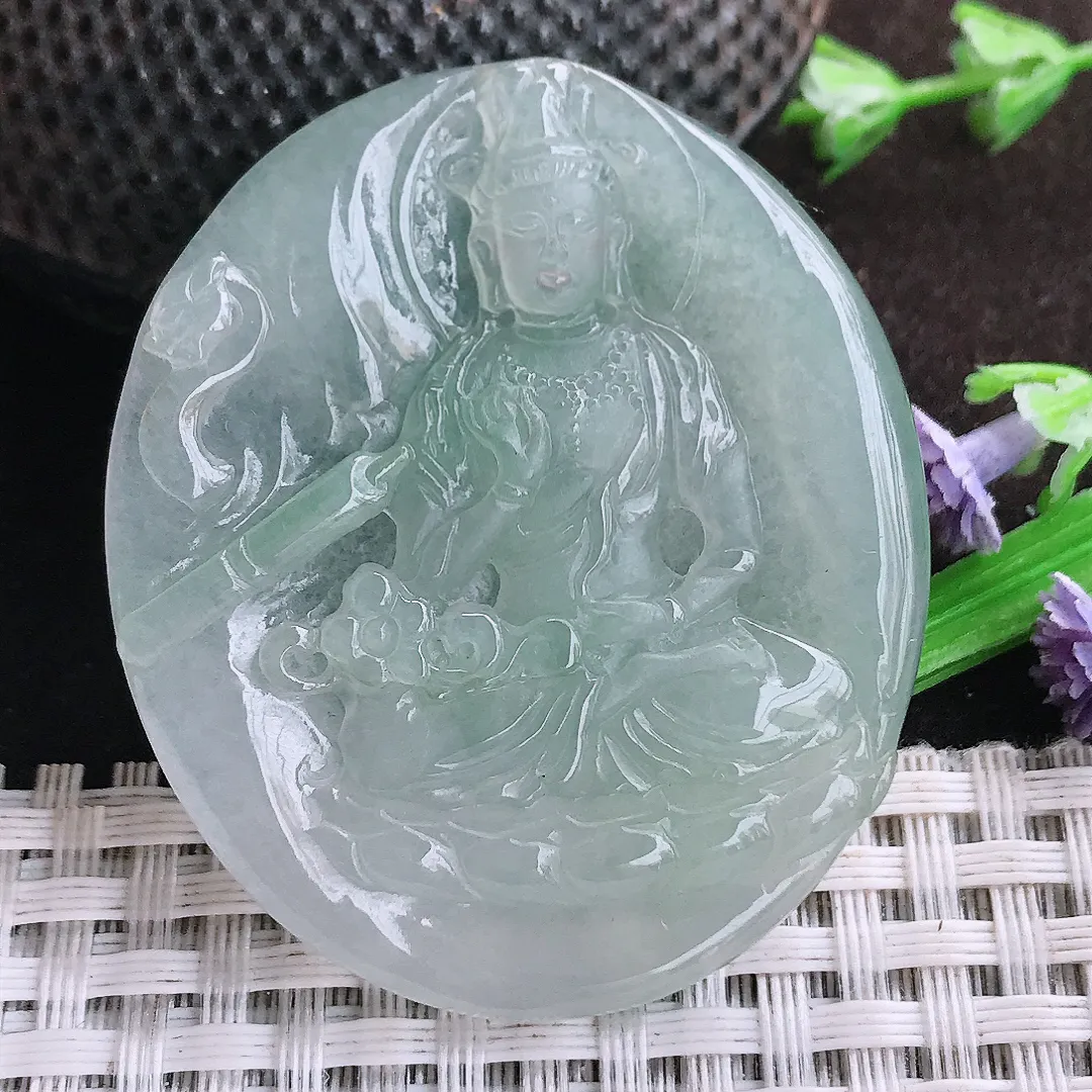自然光48.6/42/5.3老坑冰胶水灵赐福观音吊坠翡翠玉坠挂件百搭
