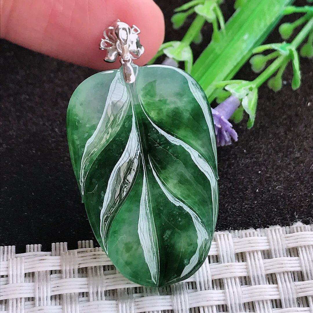 自然光34/22.7/5.1老坑18k金镶嵌冰胶飘花叶子吊坠翡翠玉坠挂件百搭