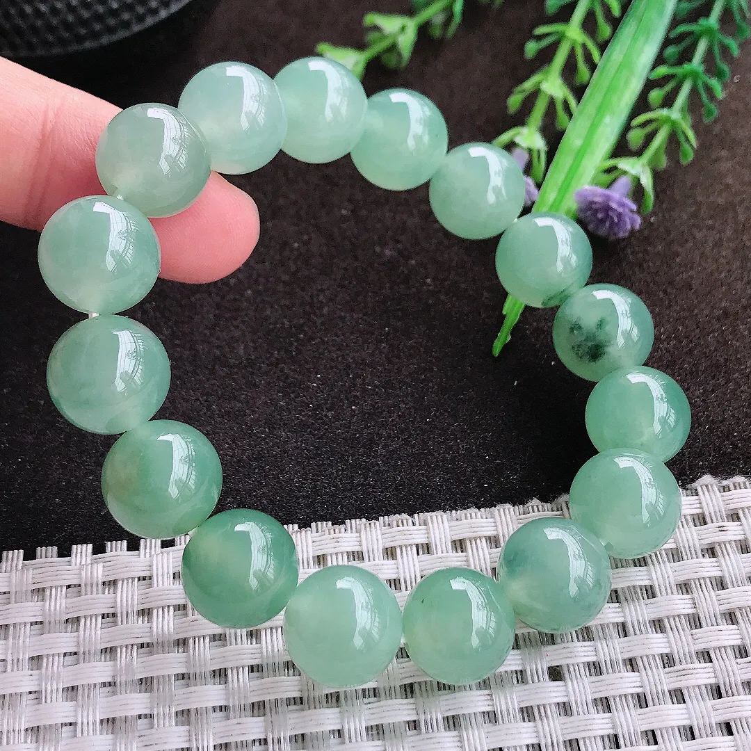 自然光12.6/16颗老坑冰胶果冻冰晴飘花圆珠手链翡翠玉手串