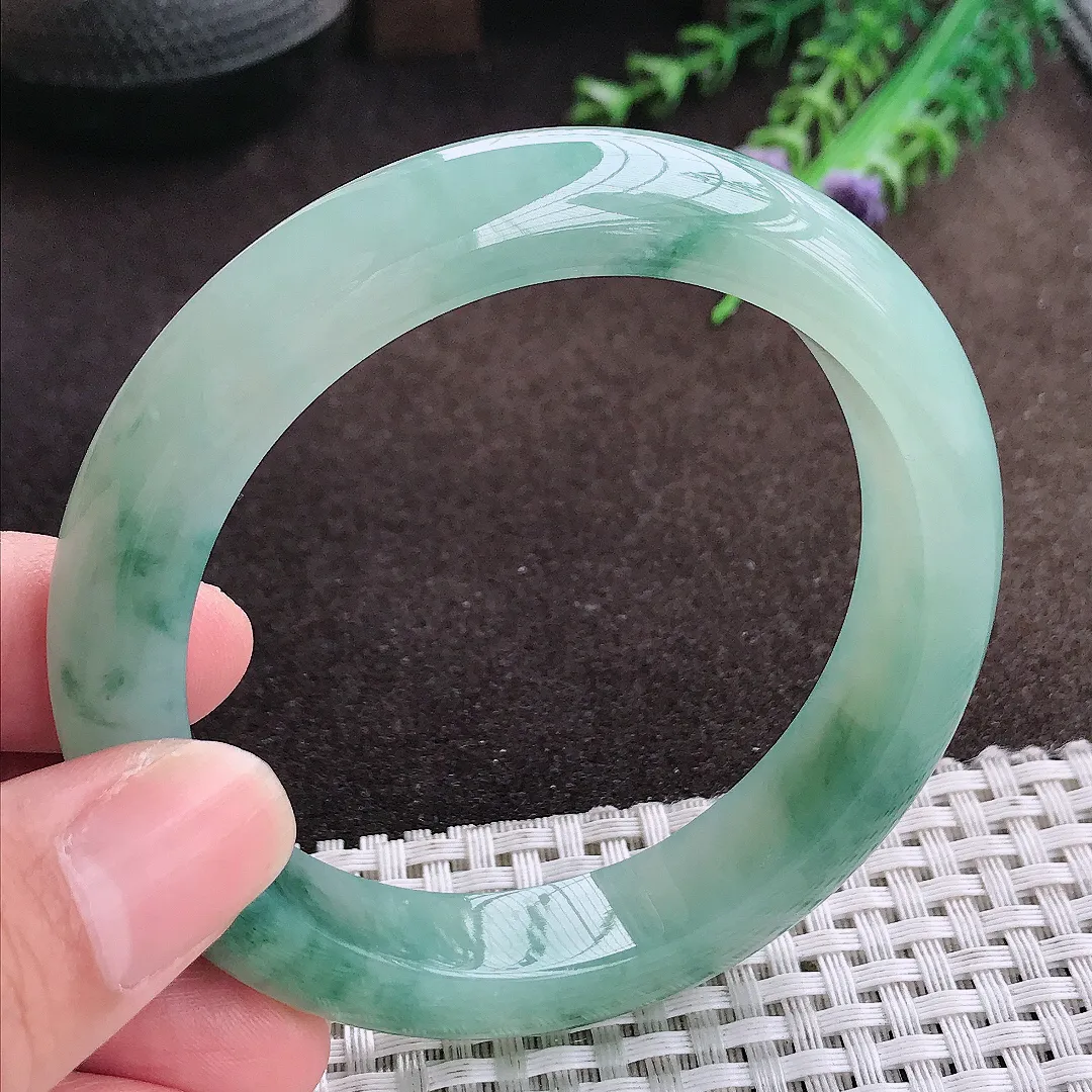 自然光58/12.5/9老坑冰胶果冻飘花手镯宽边翡翠玉镯美人镯