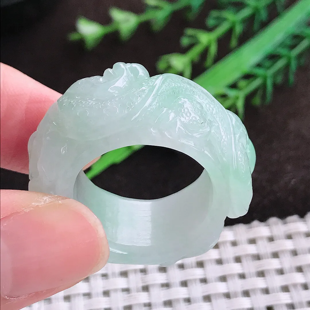 自然光21.3/13.3/8.3老坑秀气冰润龙头扳指翡翠玉环戒指
