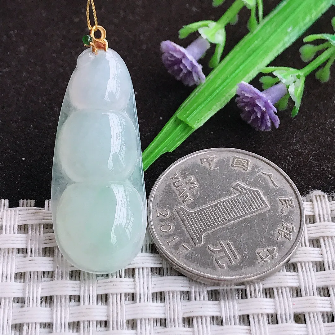 自然光35.6/14.5/5.1老坑18k金镶嵌秀气四季豆吊坠翡翠福豆玉坠挂件百搭